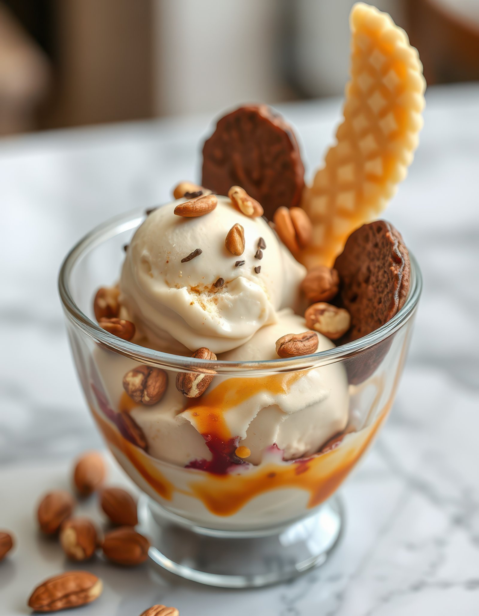 Delightful dessert in a glass bowl topped with nuts, wafers, and caramel sauce at a cozy cafe in the afternoon